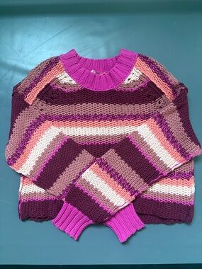Free People Striped Crewneck Sweater in Plum, Magenta, and Pink
